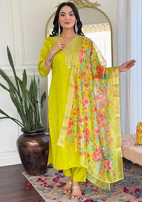 Lemon Green Embroidered Viscose Rayon Salwar Kameez