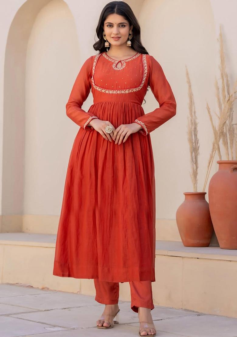 Orange Embroidered Viscose Rayon Salwar Kameez