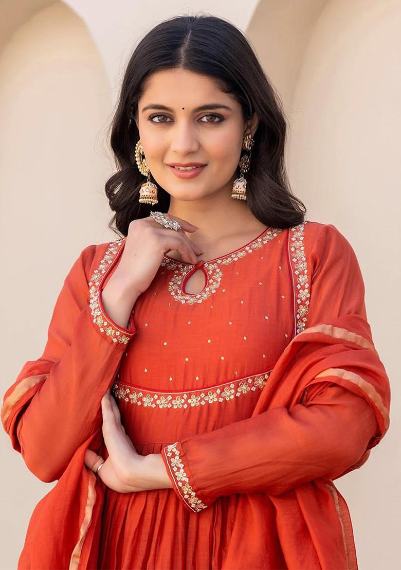 Orange Embroidered Viscose Rayon Salwar Kameez