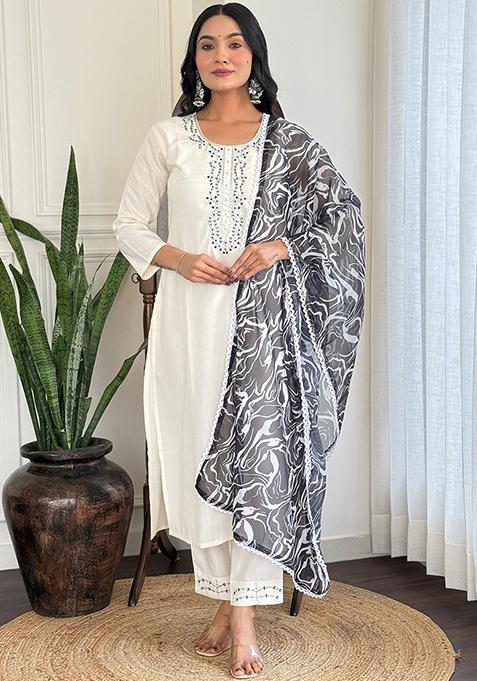 Off White Embroidered Viscose Rayon Salwar Kameez