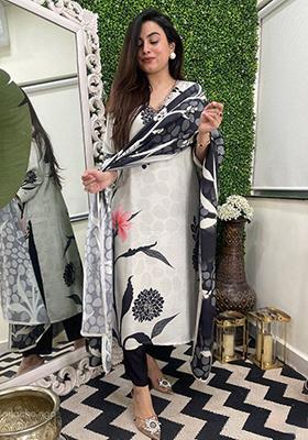 Off White Floral Print Viscose Rayon Salwar Kameez With Dupatta