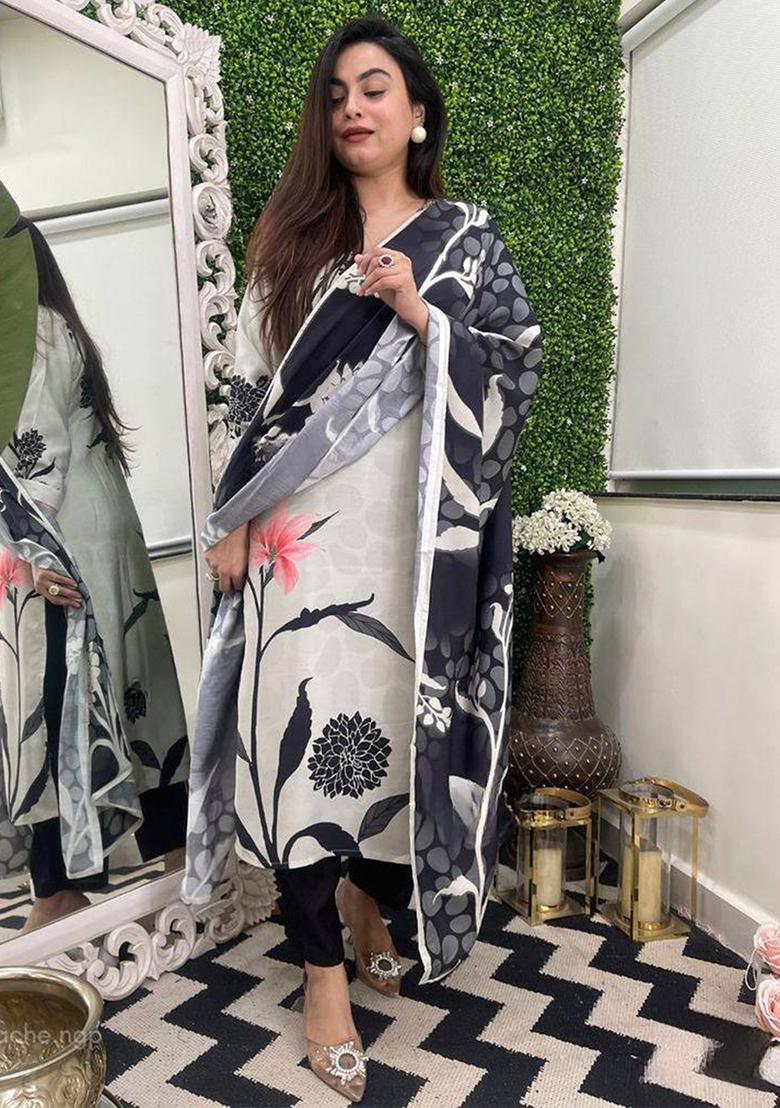 Off White Floral Print Viscose Rayon Salwar Kameez