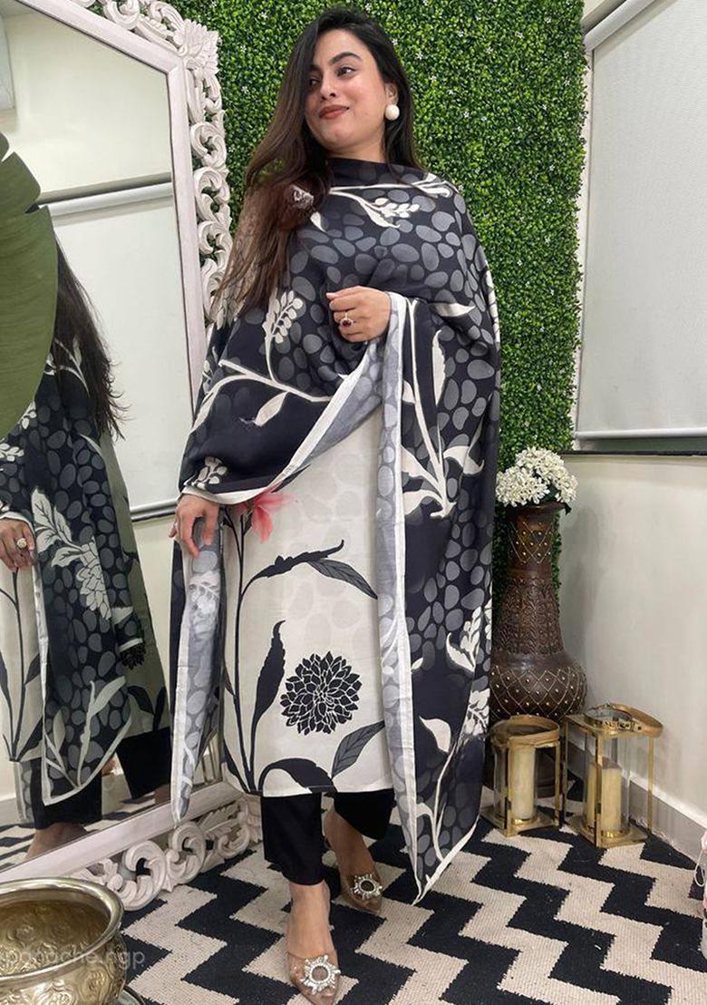 Off White Floral Print Viscose Rayon Salwar Kameez