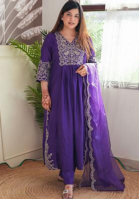 Purple Embroidered Viscose Rayon Salwar Kameez