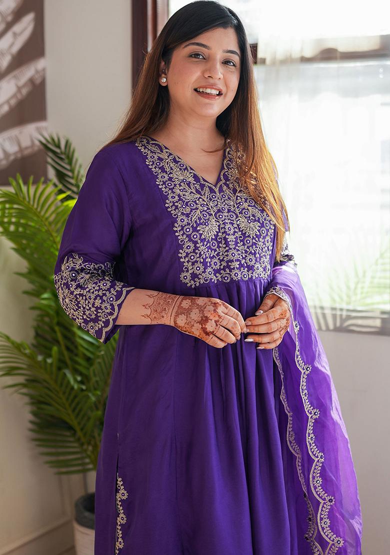 Purple Embroidered Viscose Rayon Salwar Kameez