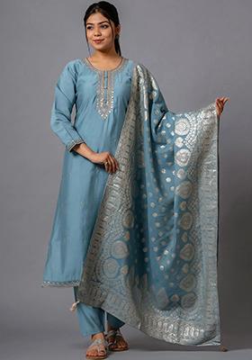Grey Embroidered Chanderi Salwar Kameez With Dupatta