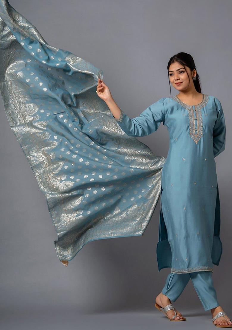 Grey Embroidered Chanderi Salwar Kameez