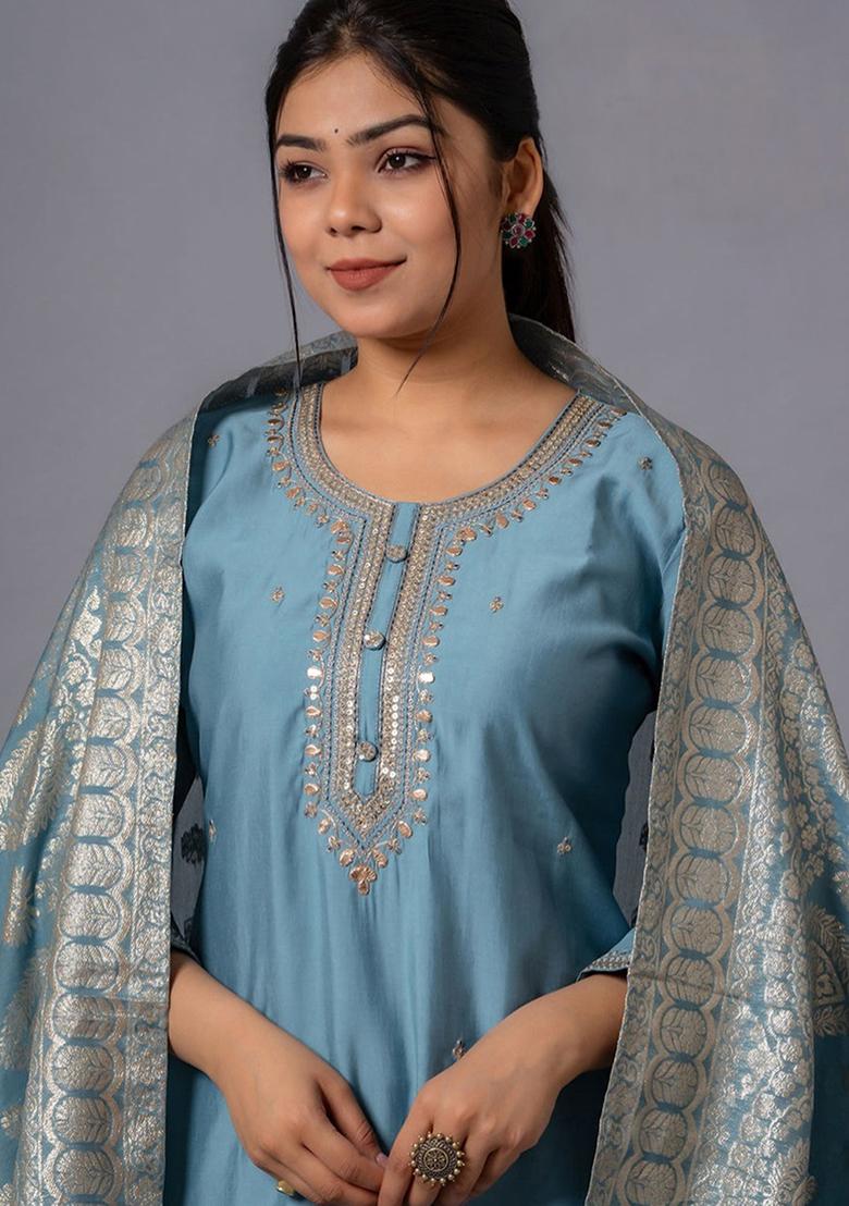 Grey Embroidered Chanderi Salwar Kameez