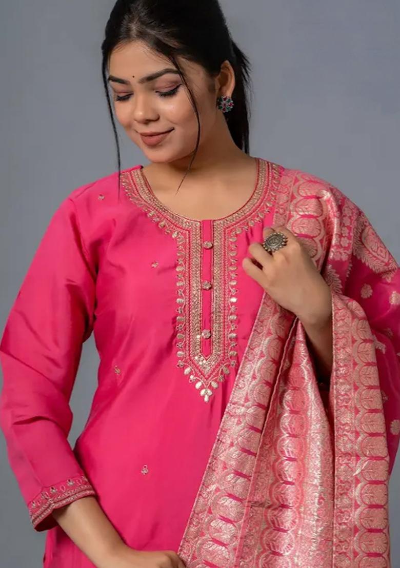 Pink Embroidered Chanderi Salwar Kameez