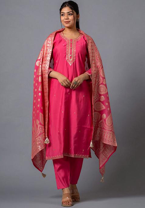 Pink Embroidered Chanderi Salwar Kameez With Dupatta