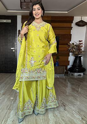 Olive Green Embroidered Chinnon Silk Sharara Set