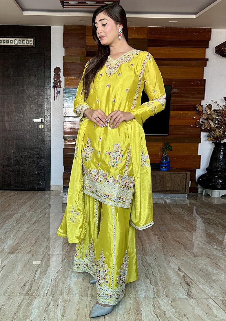 Olive Green Embroidered Chinnon Silk Sharara Set