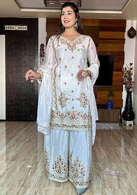 White Embroidered Shimmar Silk Salwar Kameez