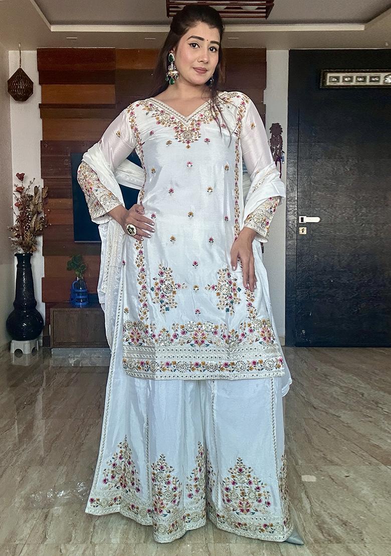 White Embroidered Shimmar Silk Salwar Kameez