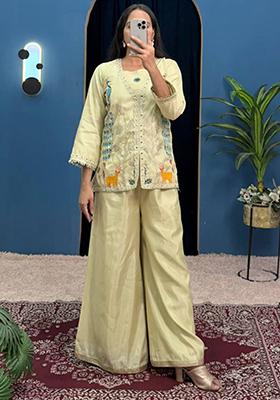 Cream Embroidered Georgette Fusion Set