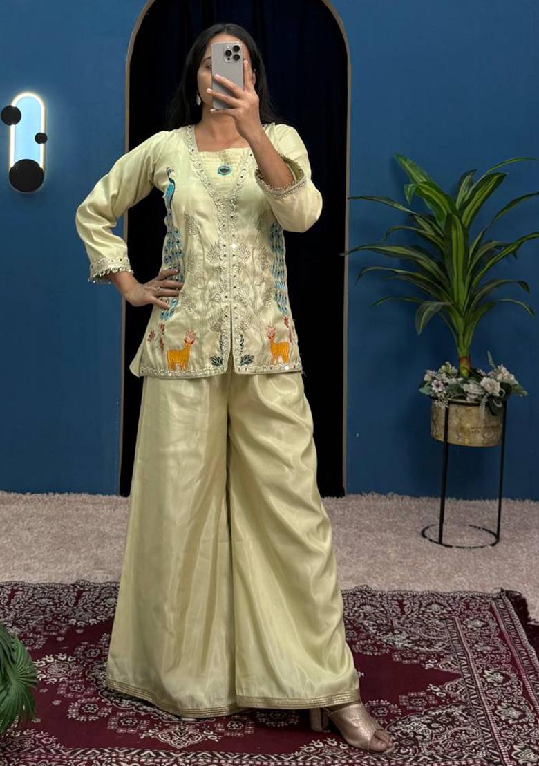 Cream Embroidered Georgette Fusion Set