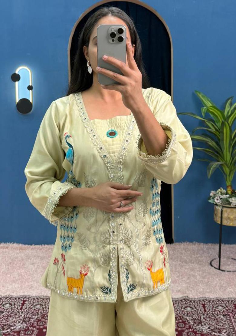 Cream Embroidered Georgette Fusion Set