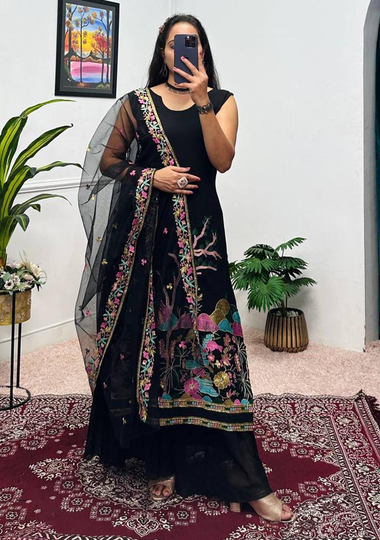Black Embroidered Chinnon Silk Salwar Kameez