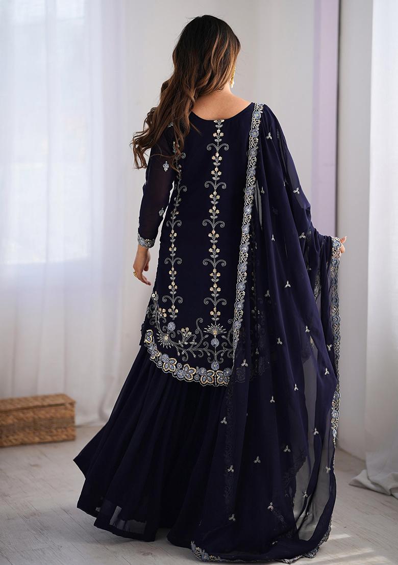Dark Purple Embroidered Georgette Sharara Set