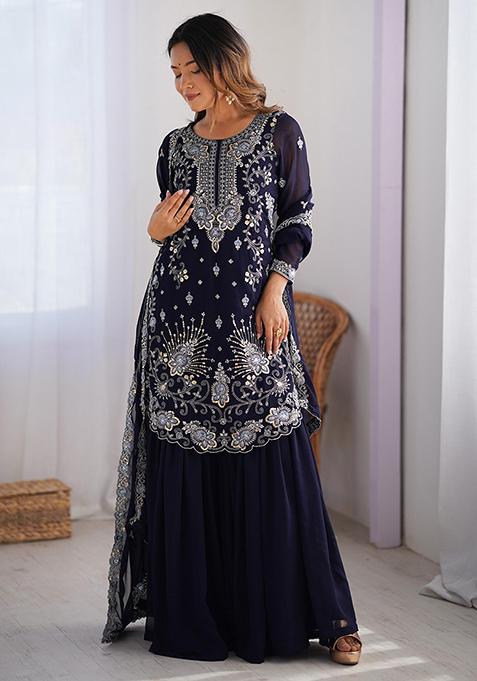 Dark Purple Embroidered Georgette Sharara Set