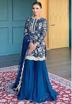 Blue Embroidered Georgette Sharara Set