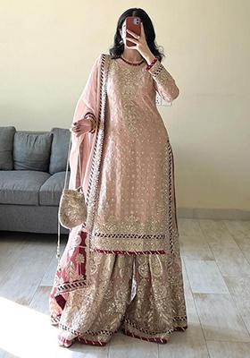 Peach Embroidered Banglory Silk Salwar Kameez