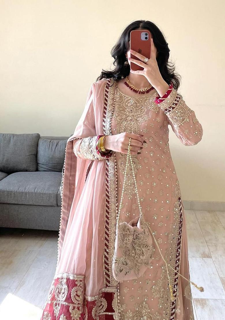 Peach Embroidered Banglory Silk Salwar Kameez