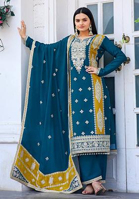 Teal Blue Embroidered Chinnon Silk Salwar Kameez