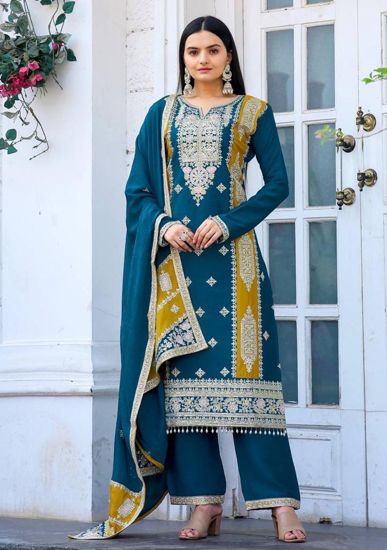 Teal Blue Embroidered Chinnon Silk Salwar Kameez
