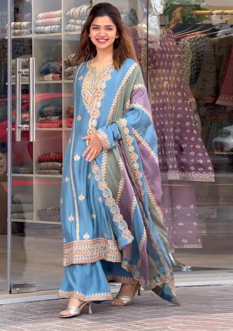 Blue Embroidered Georgette Sharara Set - Indya