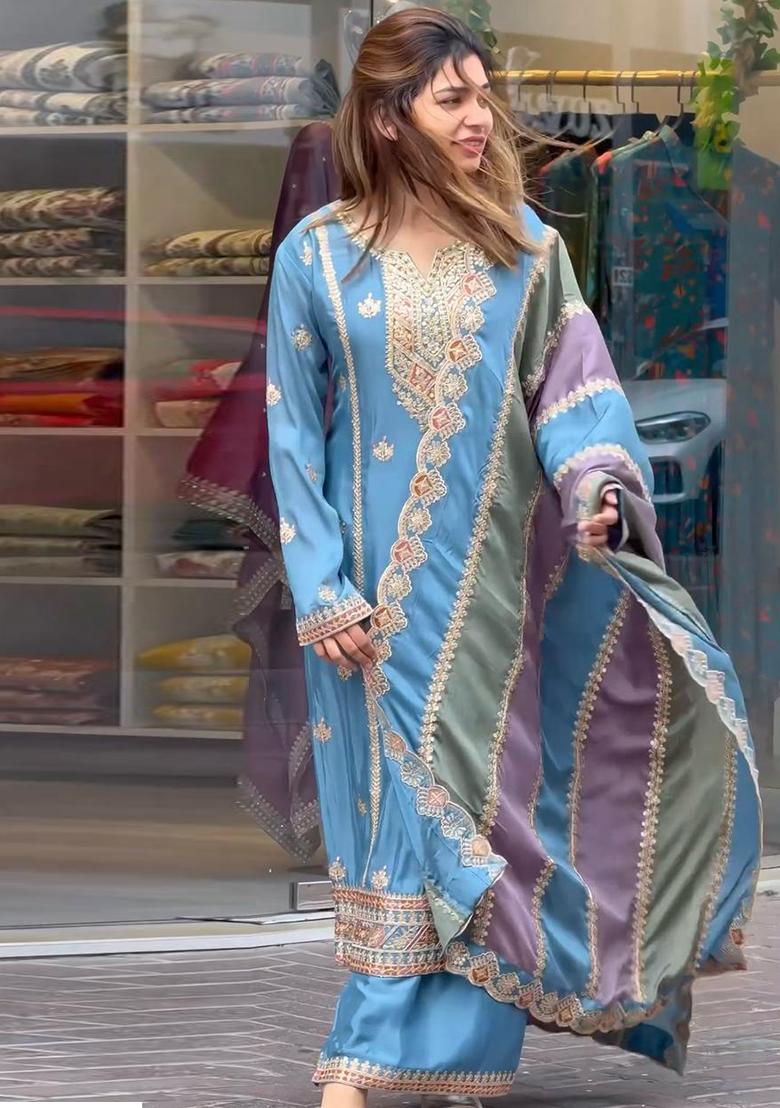 Blue Embroidered Georgette Sharara Set