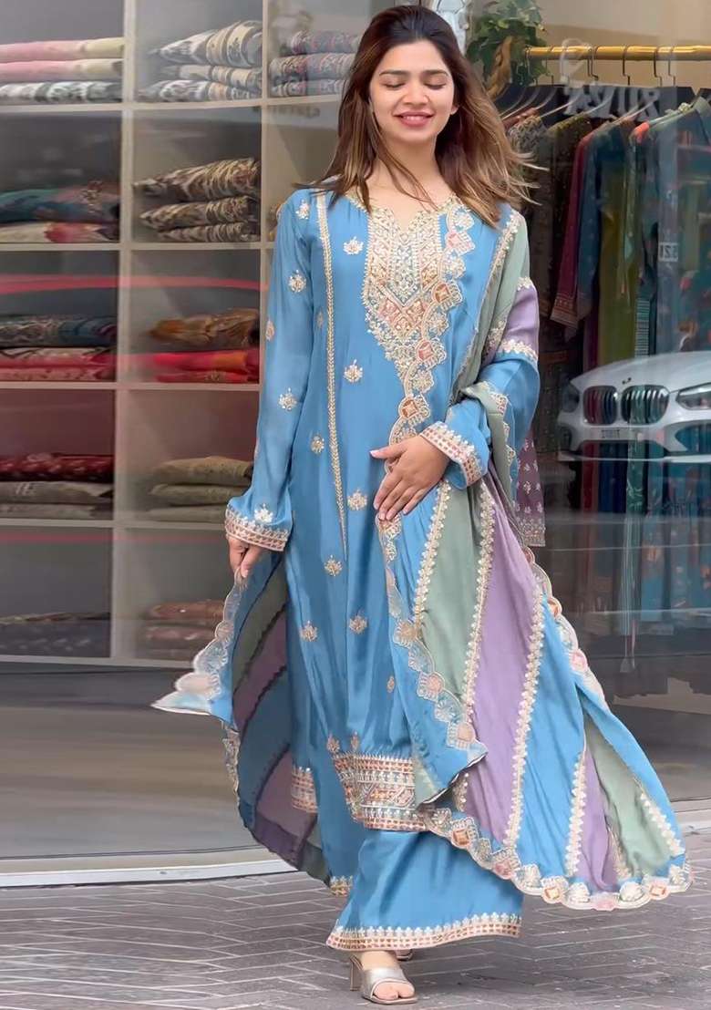 Blue Embroidered Georgette Sharara Set - Indya