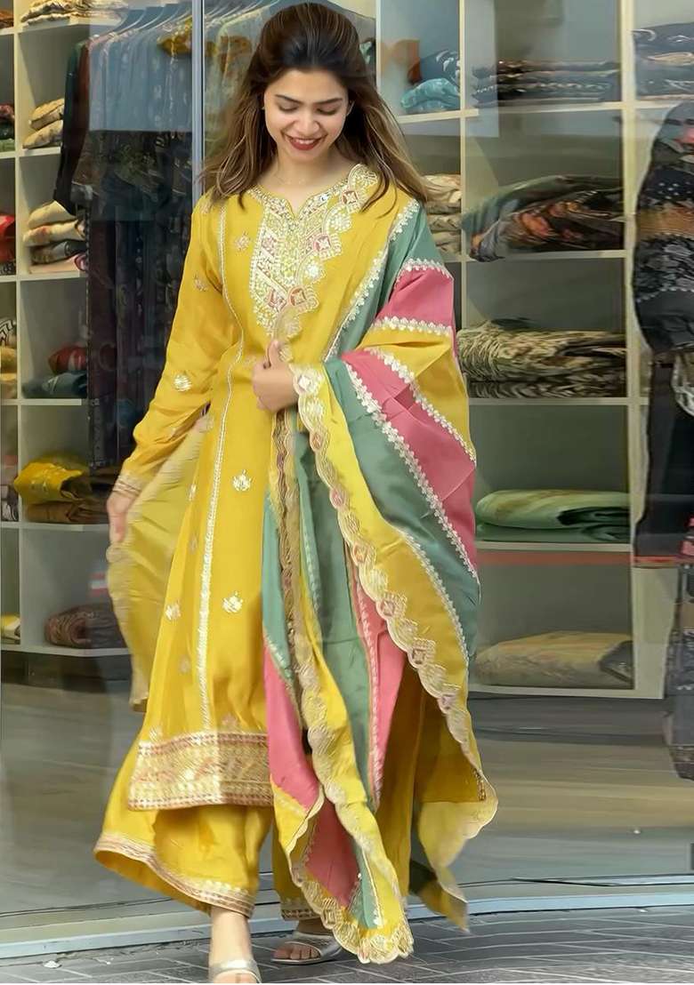 Yellow Embroidered Georgette Anarkali Set - Indya