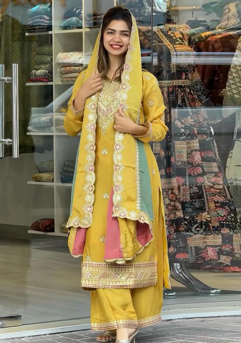 Yellow Embroidered Georgette Sharara Set