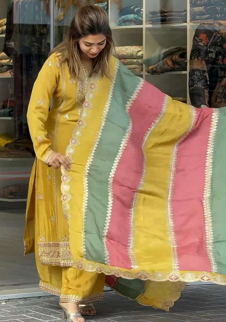 Yellow Embroidered Georgette Anarkali Set - Indya