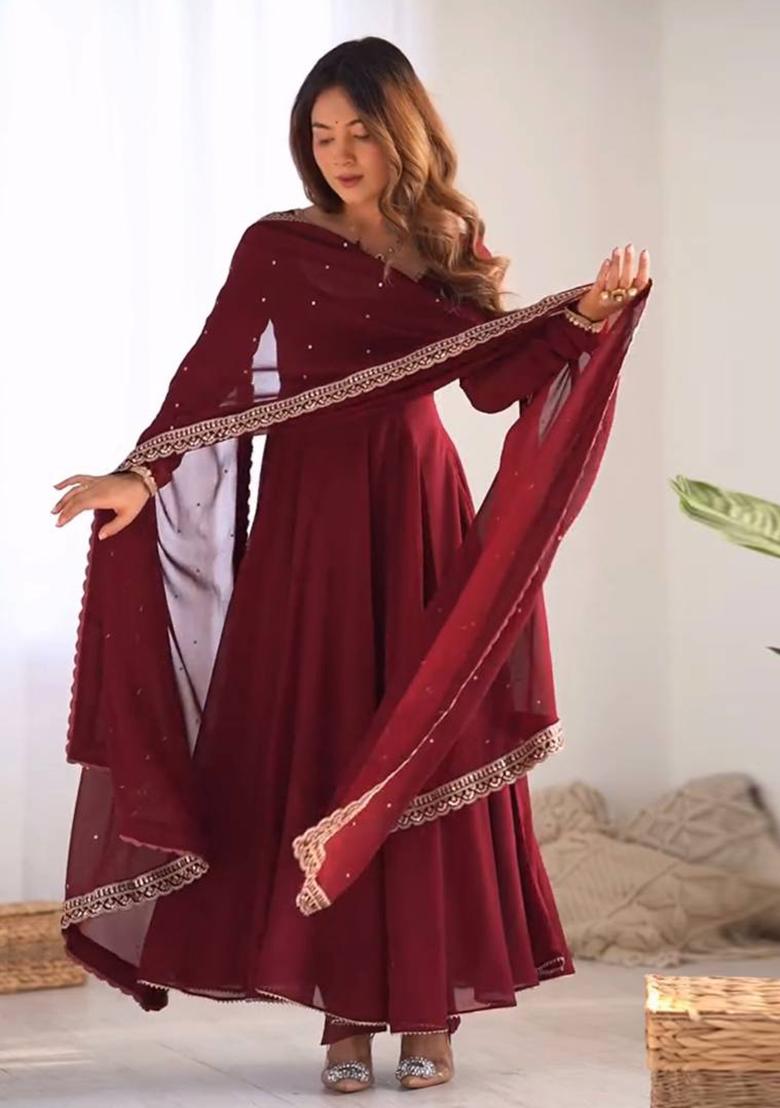 Maroon Embroidered Georgette Salwar Kameez