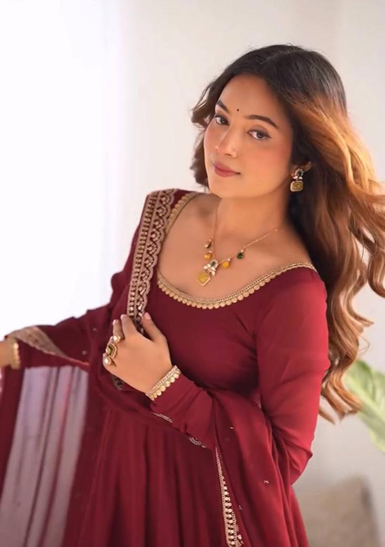 Maroon Embroidered Georgette Salwar Kameez