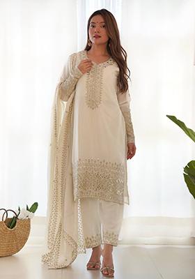 White Embroidered Chiffon Salwar Kameez