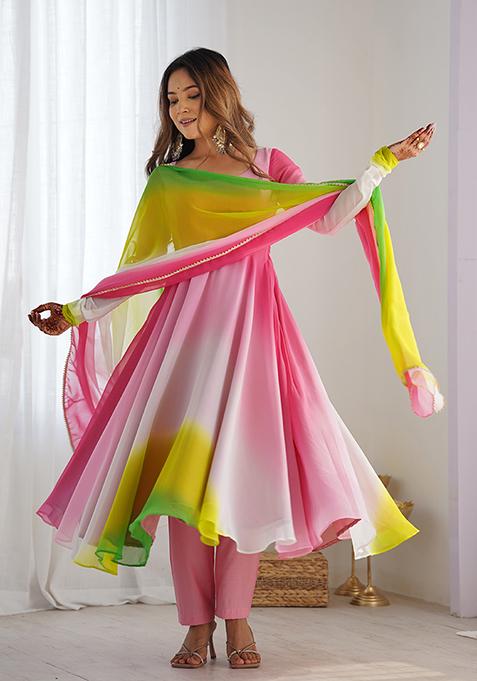 Multi Colour Tie And Dye Georgette Anarkali Set — view on Indya