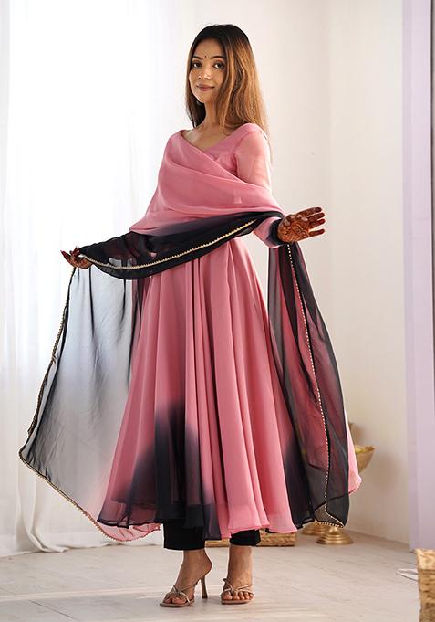 Multi Colour Solid Georgette Anarkali Set — view on Indya
