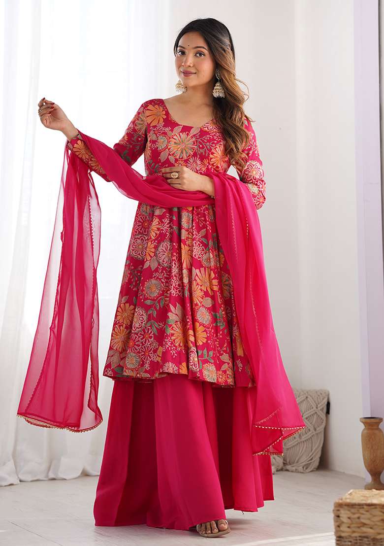 Pink Embroidered Roma Silk Blend Salwar Kameez - Indya
