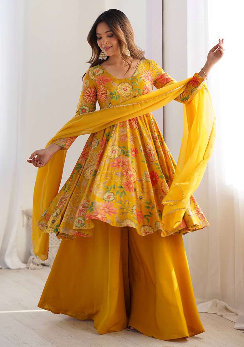 Yellow Floral Print Silk Blend Sharara Set - Indya