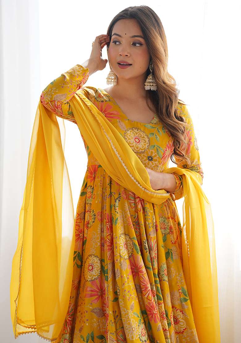 Yellow Floral Print Silk Blend Sharara Set - Indya