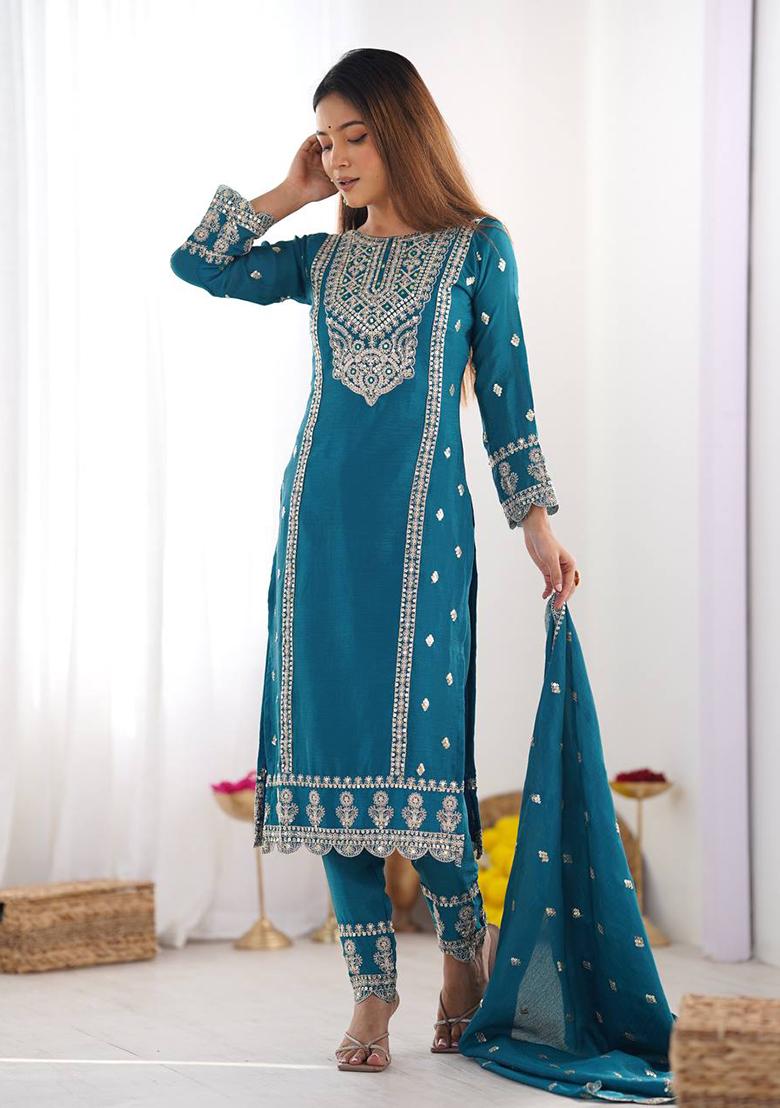 Teal Blue Embroidered Chinnon Silk Salwar Kameez