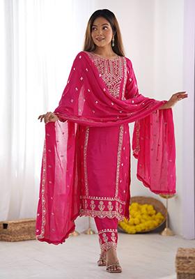 Rani Pink Embroidered Chinnon Silk Salwar Kameez