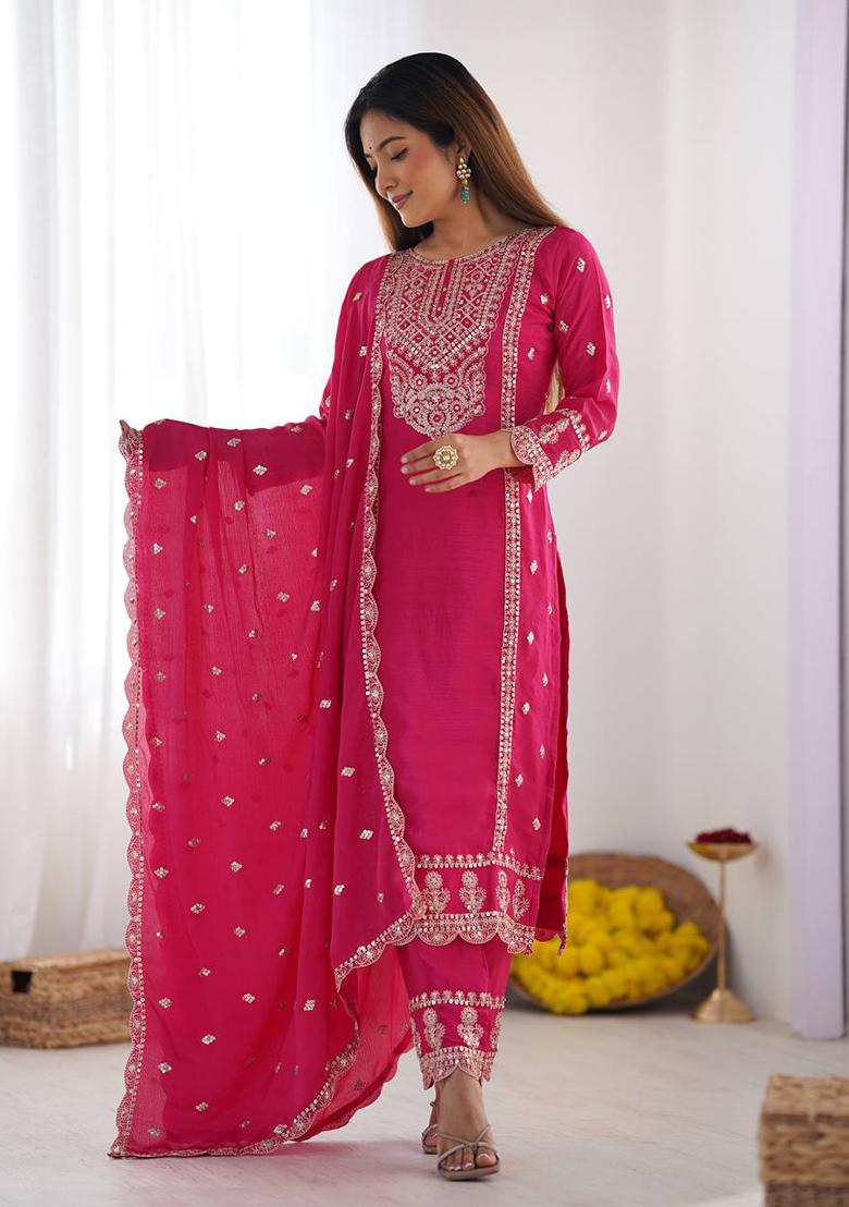 Rani Pink Embroidered Chinnon Silk Salwar Kameez