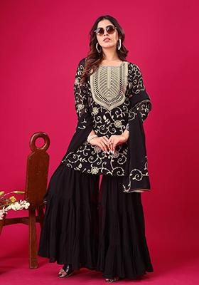 Black Embroidered Georgette Sharara Set