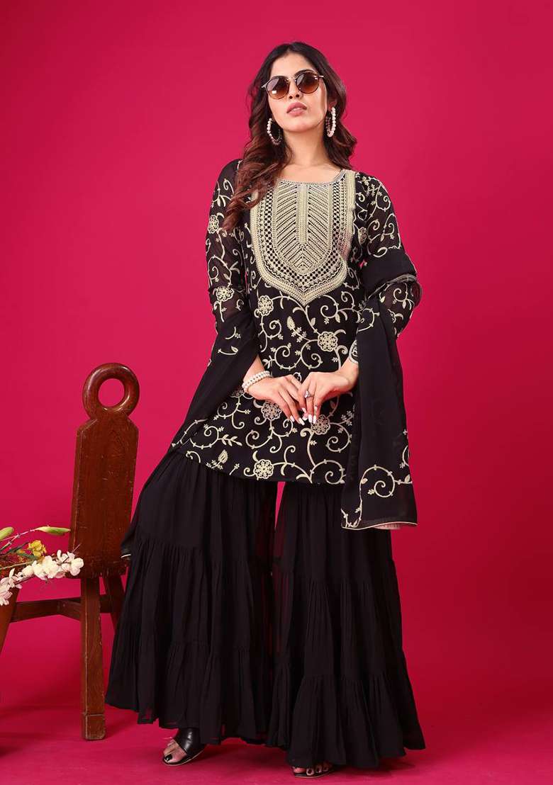 Black Embroidered Georgette Sharara Set - Indya