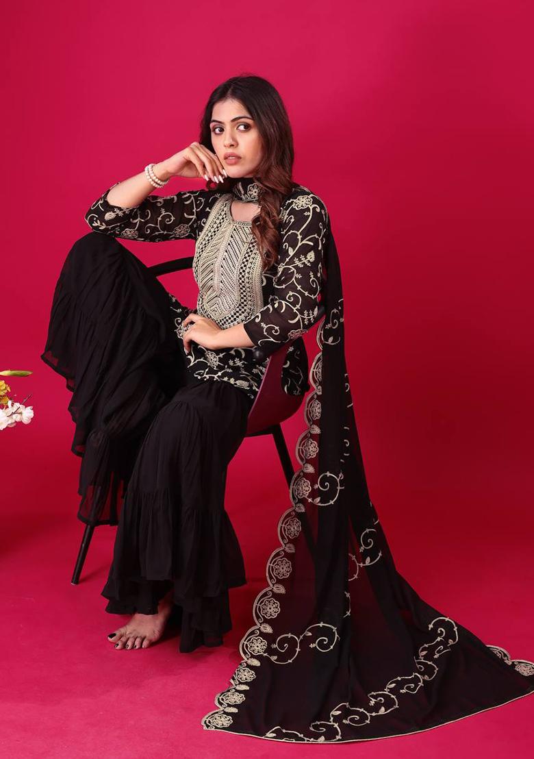 Black Embroidered Georgette Sharara Set