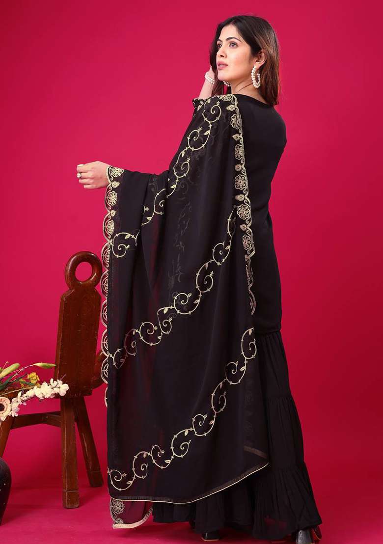 Black Embroidered Georgette Sharara Set - Indya